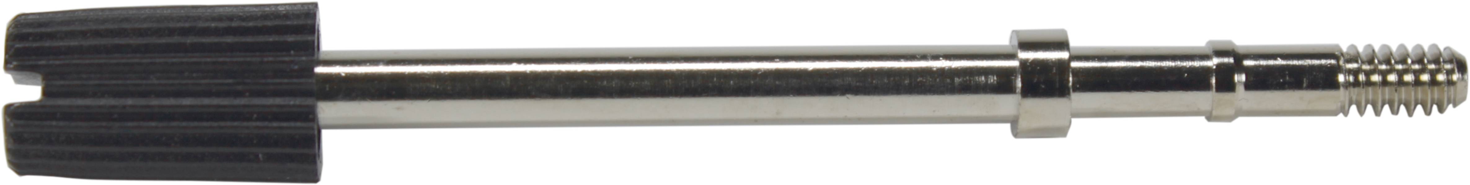 Ein metallischer Bolzen mit Gewinde an einem Ende und einem geriffelten Kunststoffkopf am anderen Ende, möglicherweise Teil einer Maschine oder eines Werkzeugs.