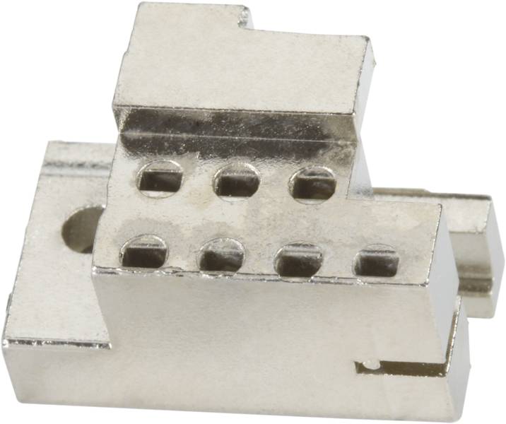 Metallverbindungselement mit sechs Bohrungen, rechteckiger Form und versetzten Ebenen. Verwendung in mechanischen Baugruppen.