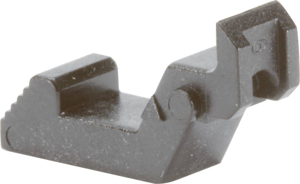 Ein schwarzes Metallstück mit abgewinkeltem Design und gezahnten Kanten, möglicherweise ein technisches Bauteil oder Werkzeug.