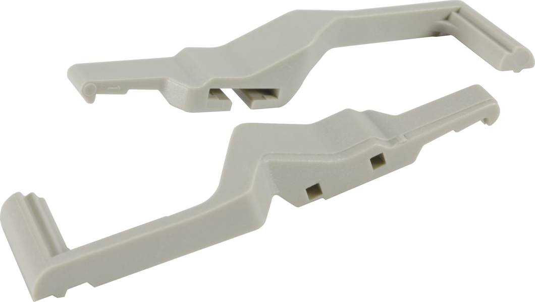 Zwei graue, identische Plastikclips mit flachen, gebogenen Formen und seitlichen Kerben, vermutlich als Halterungen oder Verbindungen.