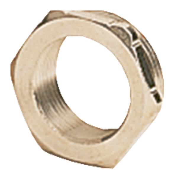 Sechskantmutter aus Metall, verwendet zur Sicherung von Verbindungen an Schrauben oder Bolzen in mechanischen Anwendungen.