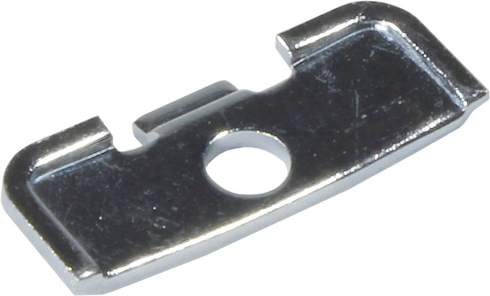 Metallverbinder mit rechteckiger Form, zentralem Loch und erhöhten Kanten, oft zur Sicherung oder Ausrichtung in technischen Anwendungen verwendet.