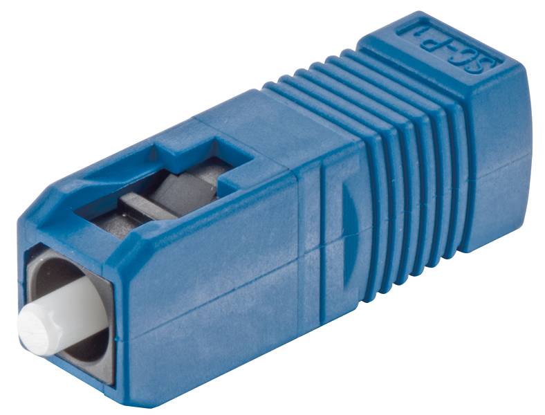 Ein blauer SC-Faserstecker mit geriffeltem Griff, häufig in Netzwerk- und Telekommunikationsanwendungen verwendet.