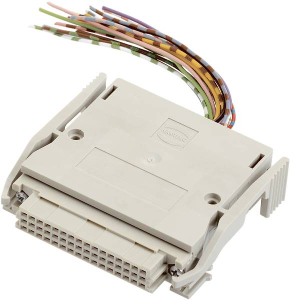 Ein beige elektrischer Stecker mit mehreren bunten Kabeln ist abgebildet.
