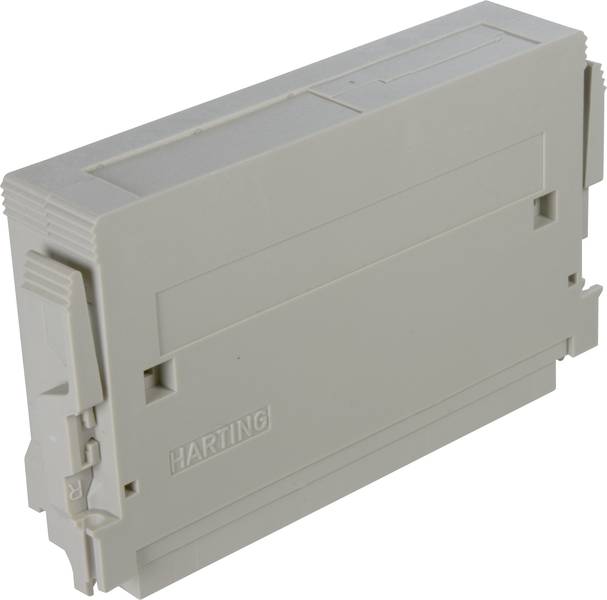Graues, rechteckiges Elektronikgehäuse mit der Aufschrift 'HARTING' an der Vorderseite.