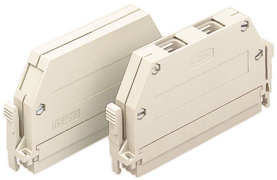 Zwei cremefarbene Steckverbinderabdeckungen nebeneinander, beide mit 'HARTING'-Logo, für industrielle Kabelverbindungen.