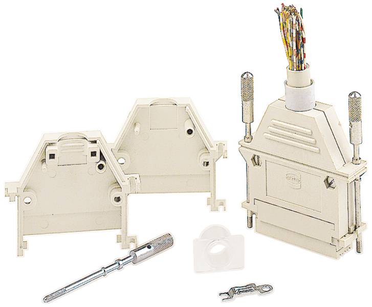 Ein auseinandergebauter D-Sub-Steckverbinder mit Kabel, Gehäuseteilen und Schraubendrehern. Technisches Zubehör zur elektrischen Verbindung.