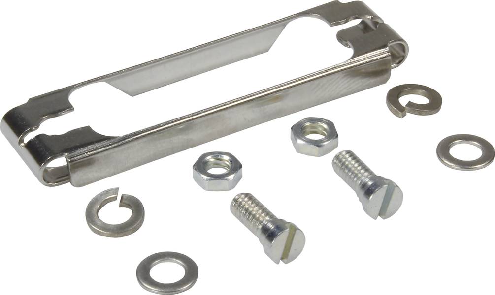 Montagekit für eine Grafikkarte, bestehend aus einer Metallhalterung, zwei Schrauben, zwei Muttern und zwei Unterlegscheiben.