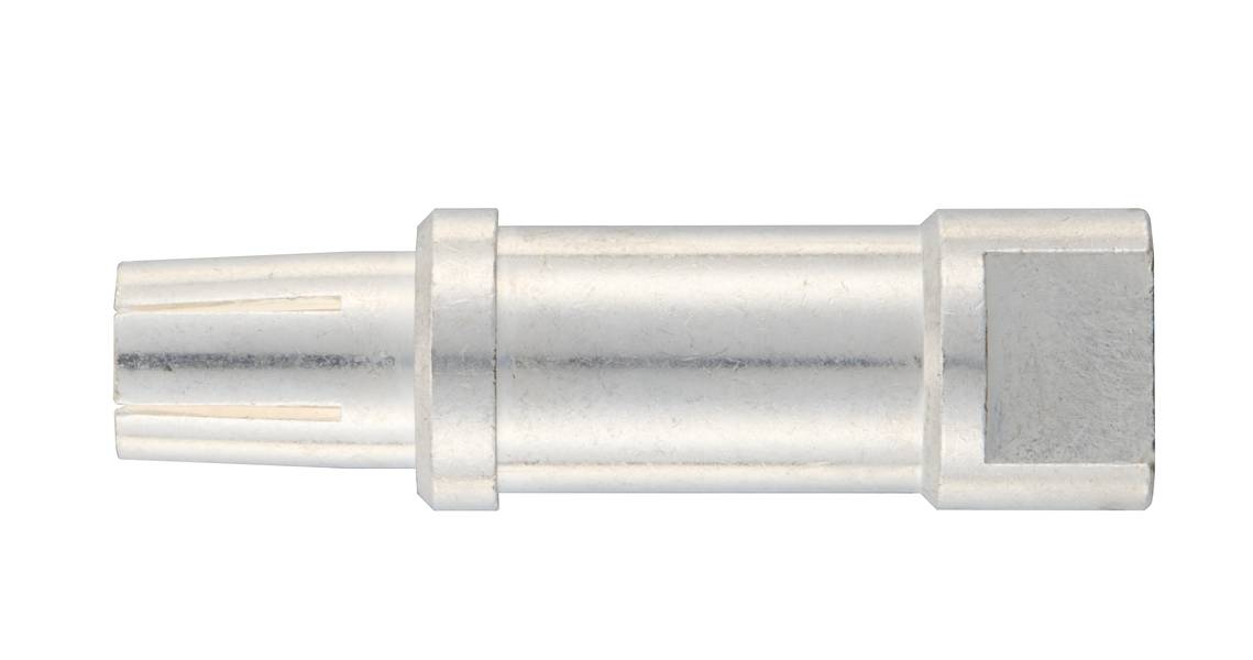 Metallischer zylindrischer Adapter mit quadratischem Ende und gerilltem Anschluss. Wird oft in mechanischen Verbindungen verwendet.