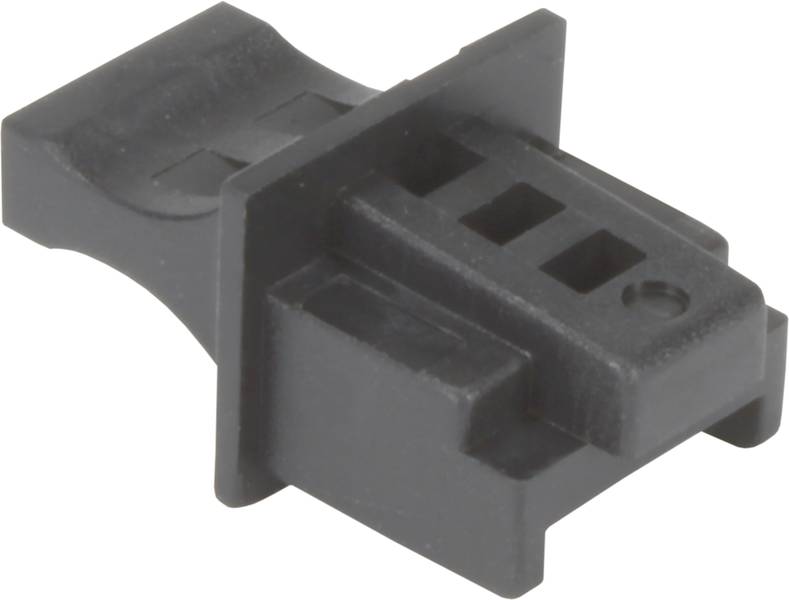Ein schwarzer Kunststoffstecker mit rechteckiger Form und mehreren Öffnungen zur Verbindung elektrischer Kabel.