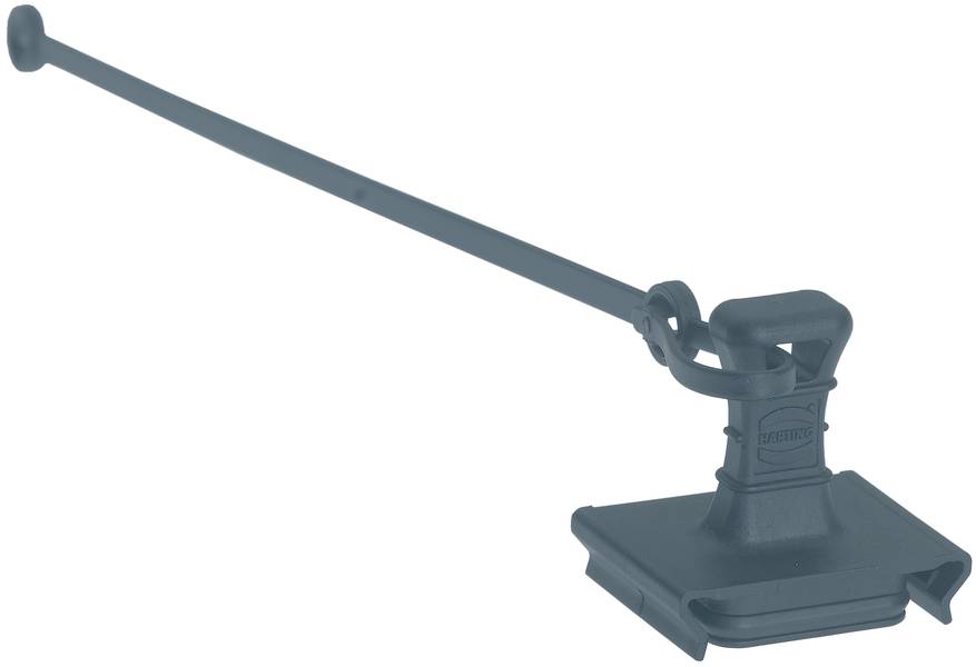 Ein schwarzer Kabelbinder mit einem integrierten Schiebeclip, der zur Befestigung von Kabeln oder Schläuchen an Oberflächen dient.