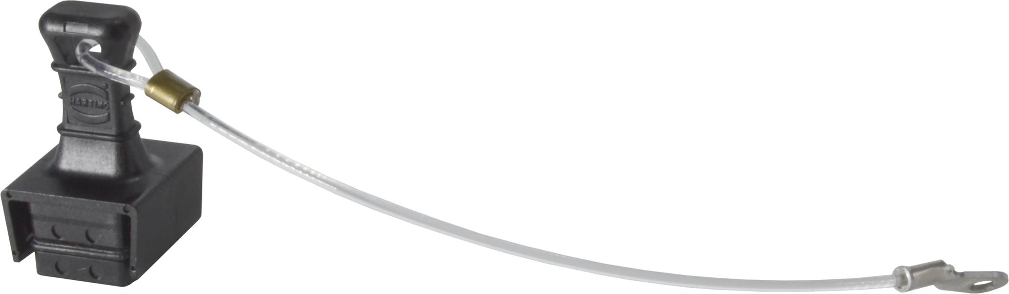 Ein schwarzer Gegenstand mit einem weißen Kabel, das an einem Ende befestigt ist; möglicherweise ein Sicherungs- oder Verbindungselement.