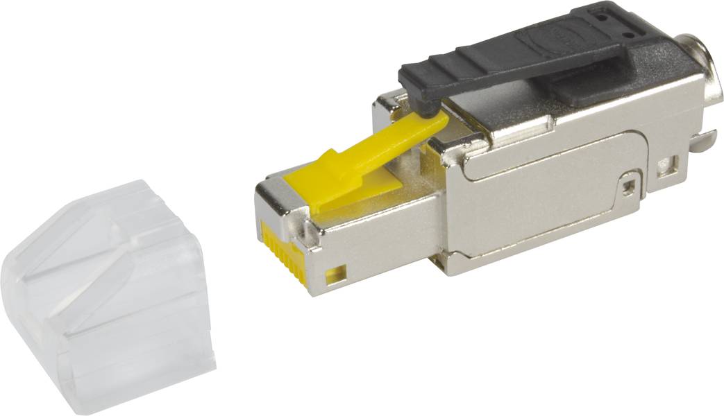 RJ45-Stecker aus Metall mit gelbem Einsatz und Kunststoffkappe. Geeignet für Netzwerkverbindungen.