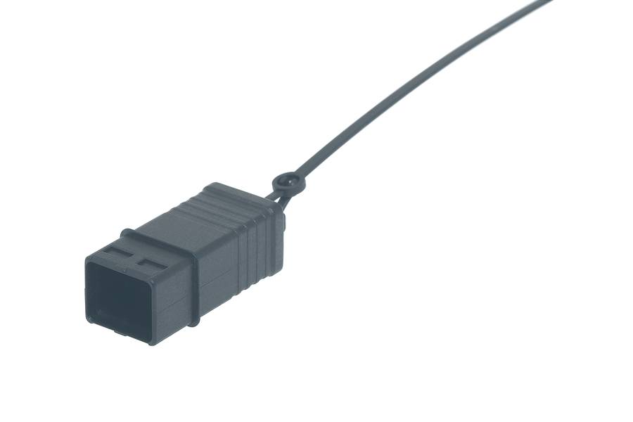 Schwarzer Kfz-Steckverbinder mit einem langen Kabel, möglicherweise für elektrische Verbindungen in Fahrzeugen verwendet.
