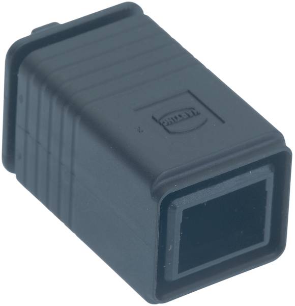 Schwarzer, rechteckiger Adapter mit Gummiummantelung und Logo auf der Oberseite, geeignet zur Verbindung elektrischer Komponenten.