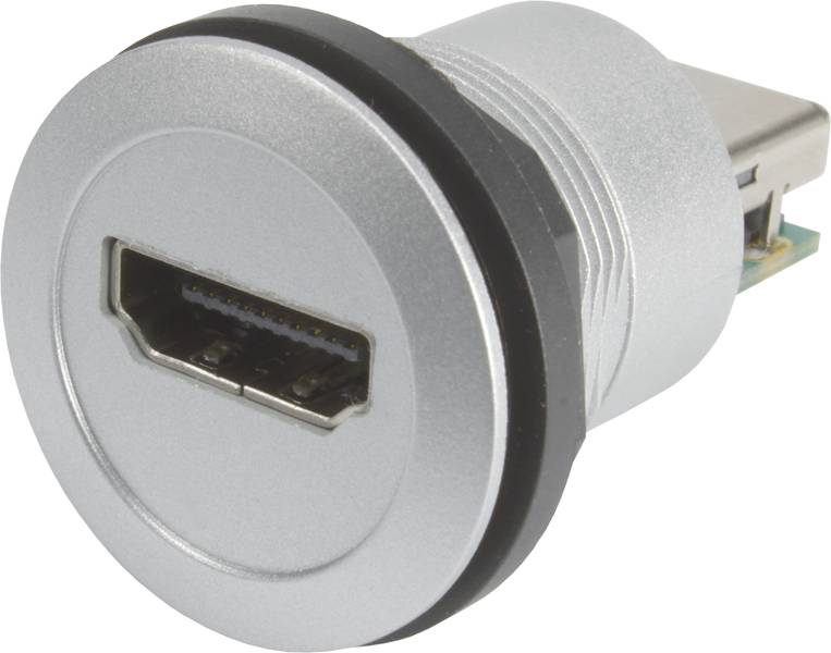 Ein runder HDMI-Adapter mit silbernem Gehäuse und USB-Anschluss, geeignet für einfache Video- und Audioverbindungen.