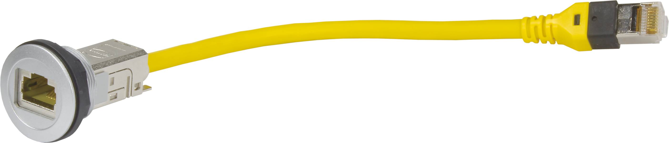 Gelbes Ethernet-Kabel mit zwei Steckverbindern: links ein wandeinsatzfähiger Anschluss, rechts ein RJ45-Stecker.