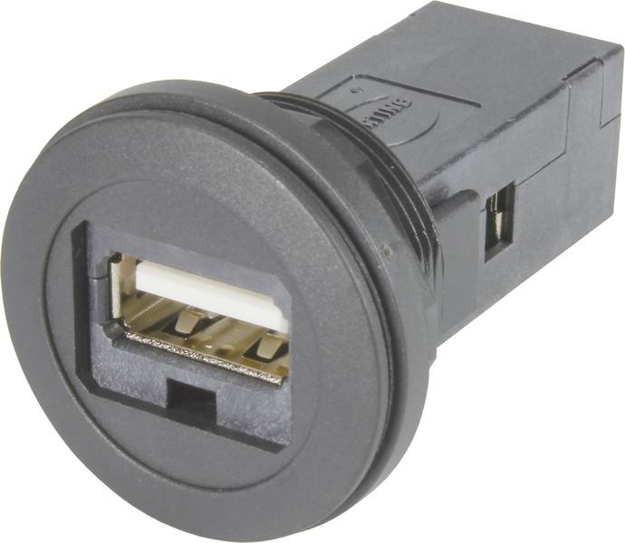 Schwarzer USB-Ladeanschluss mit rechteckiger Öffnung und zwei inneren Metallkontakten, geeignet zur Stromversorgung von Geräten.