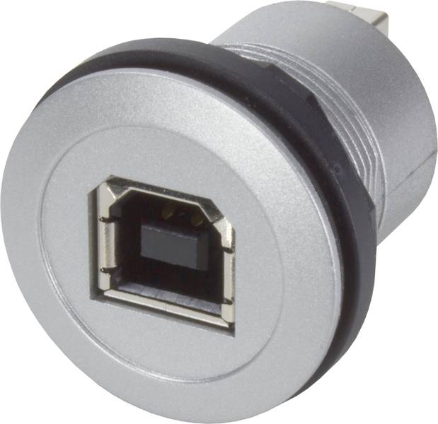 Rundes silbernes USB-Anschluss-Bauteil mit quadratischer Buchse in der Mitte; geeignet für elektronische Geräte und Kabelverbindungen.
