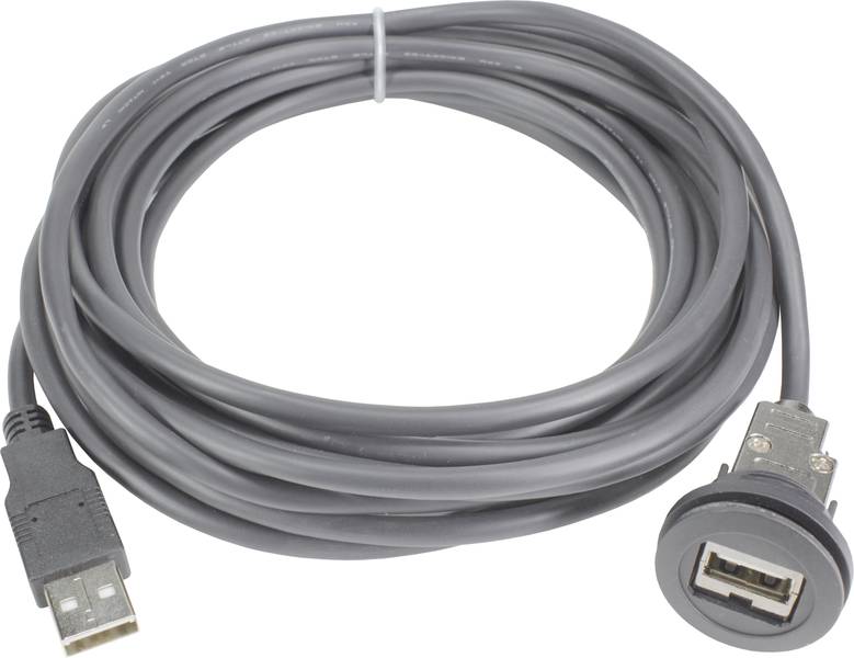 Graues USB-Verlängerungskabel mit Stecker und Buchse, aufgerollt auf einem weißen Hintergrund.