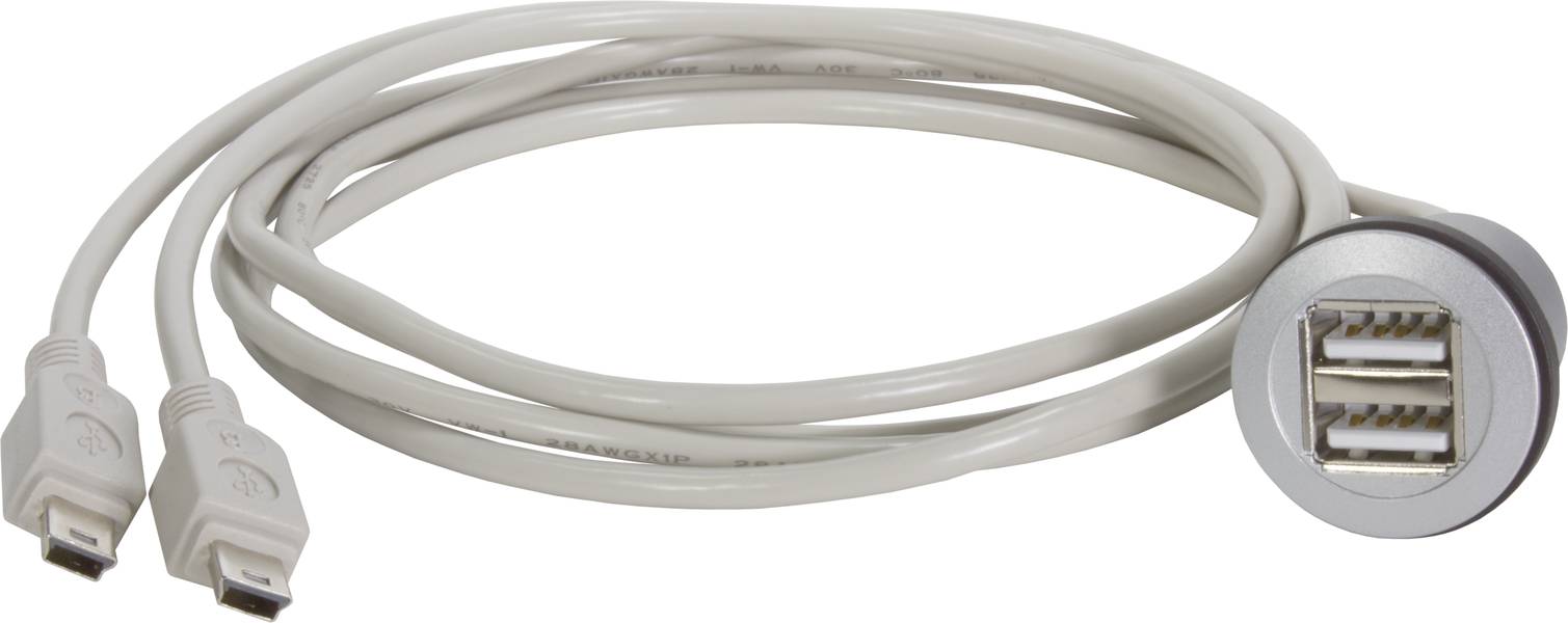 Ein graues USB-Kabel mit zwei Anschlüssen an einem Ende und einem runden Adapter mit zwei USB-Anschlüssen am anderen Ende.