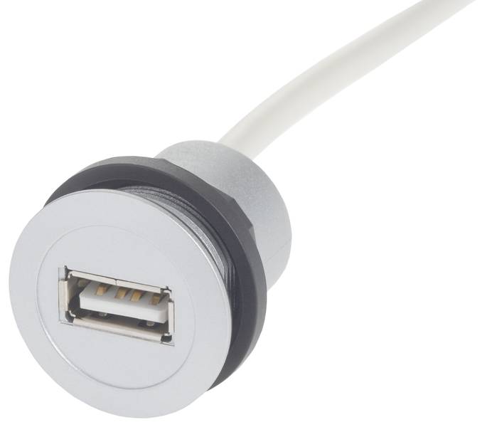 Ein silberner USB-Anschluss in einer runden Fassung, der an ein weißes Kabel angeschlossen ist.