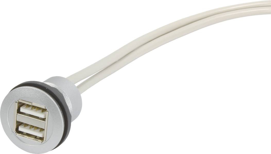 Zwei USB-Anschlüsse mit rundem Metallgehäuse, an zwei weißen Kabeln, geeignet für den Einbau in Möbel oder Geräte.