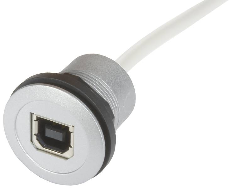 Ein silberner USB-Anschluss mit einem runden, metallischen Gehäuse am Ende eines weißen Kabels.
