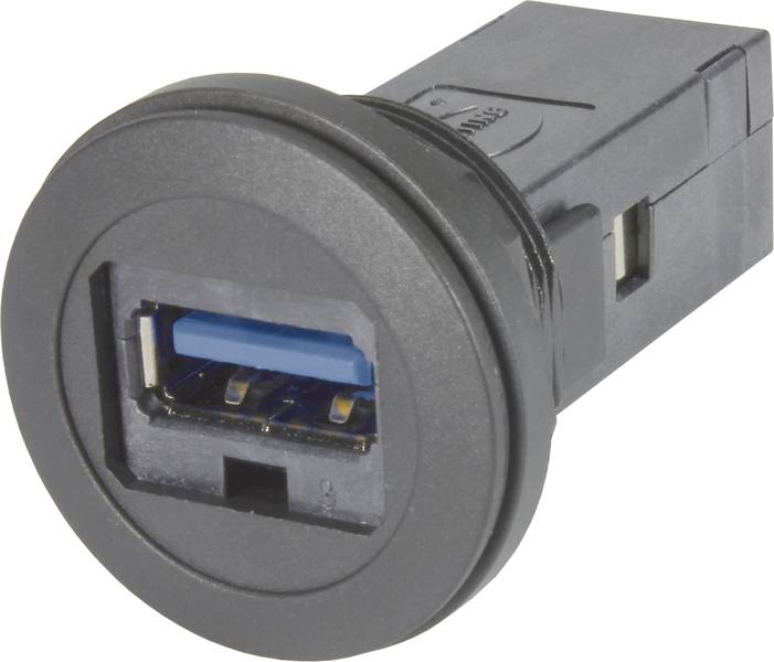 Ein schwarzer USB-Anschluss in einer runden Halterung, geeignet für den Einbau in Geräte; zeigt die USB-3.0-Schnittstelle.