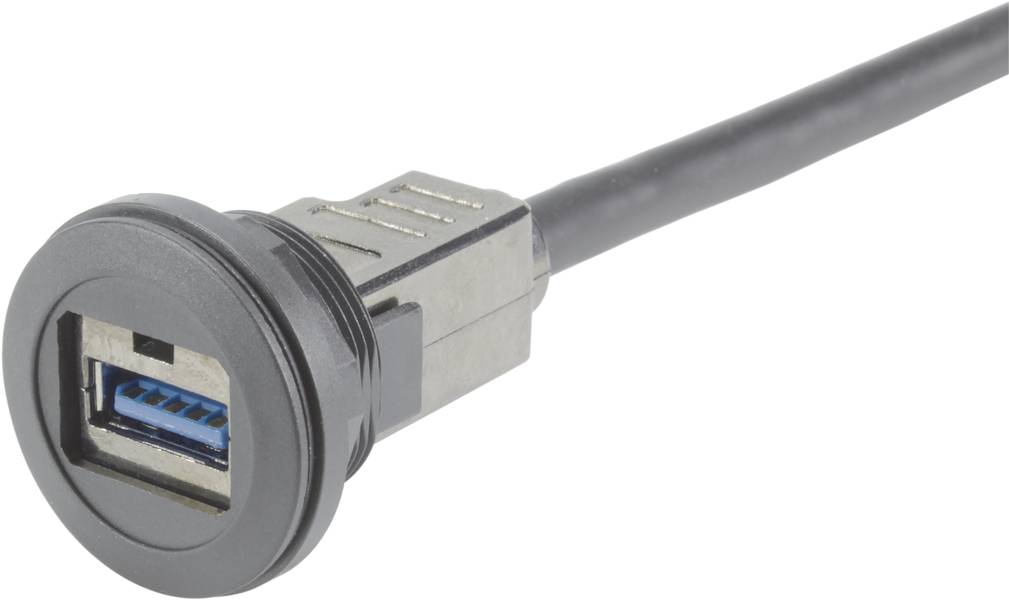 Nahaufnahme eines USB-Anschlusses, montiert in einer runden Fassung mit schwarzem Kabel. Der Anschluss zeigt die blaue USB 3.0-Leiste.