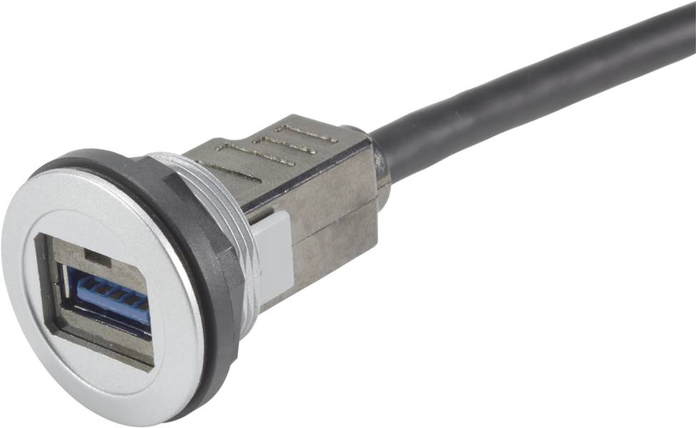 Ein abgewinkelter USB-Anschluss mit Kabel, geeignet für den Einsatz in technischen Geräten. Der Anschluss ist metallisch und robust gebaut.