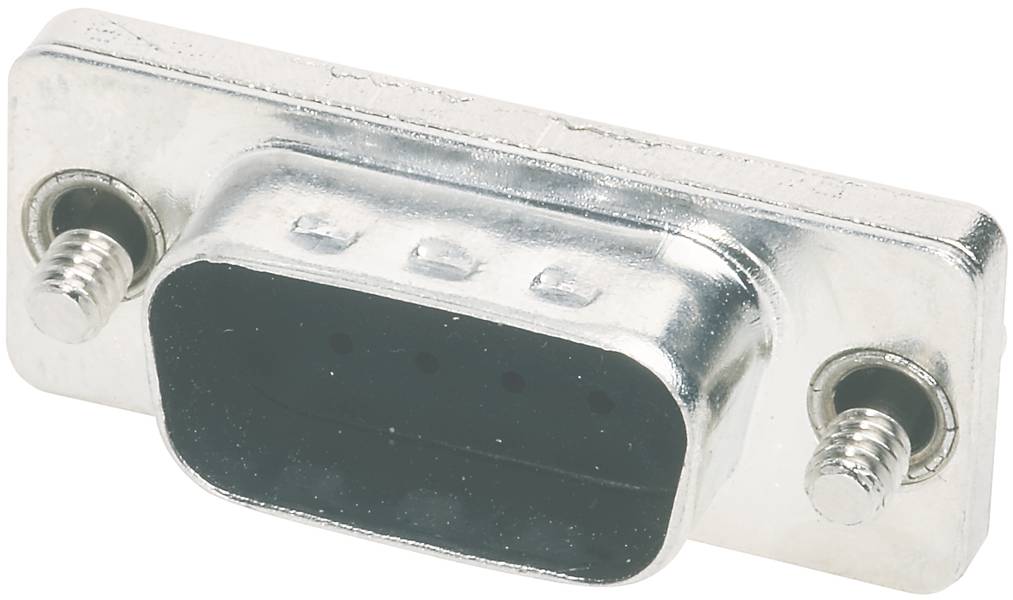 Metallischer Steckverbinder mit rechteckiger Form, zwei Schrauben zur Befestigung und mehreren Anschlussstiften im Inneren.