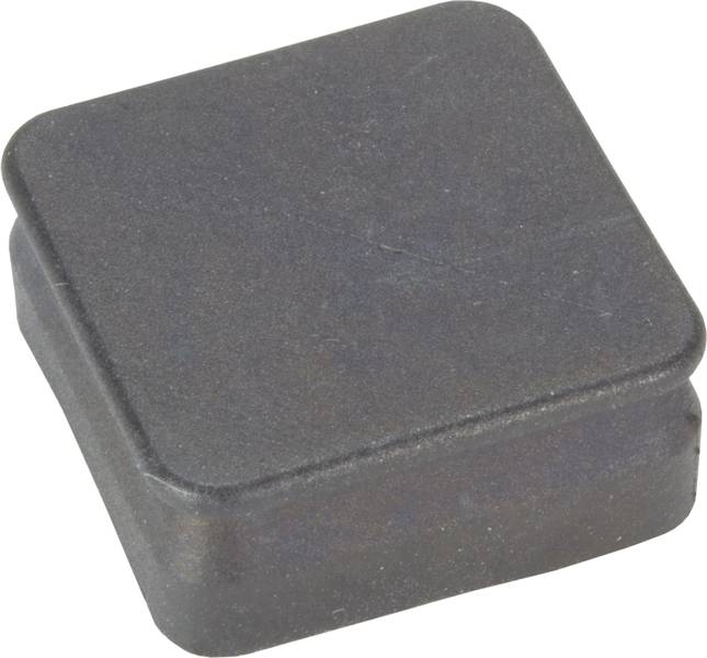 Kleines, quadratisches, grau-schwarzes Kunststoffteil mit abgerundeten Ecken, möglicherweise ein Gehäusedeckel oder eine Abdeckung.