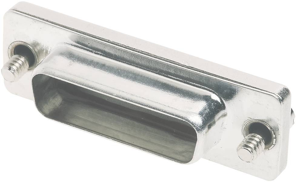 Metallischer Steckverbinder in rechteckiger Form mit zwei Schrauben an den Seiten, zum Verbinden von elektronischen Geräten.