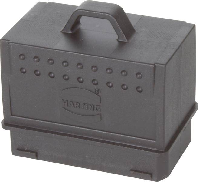 Schwarzes rechteckiges Kunststoffgehäuse mit Griff oben und Aufschrift 'HARTING'. Verwendet für Elektronik-Komponenten.