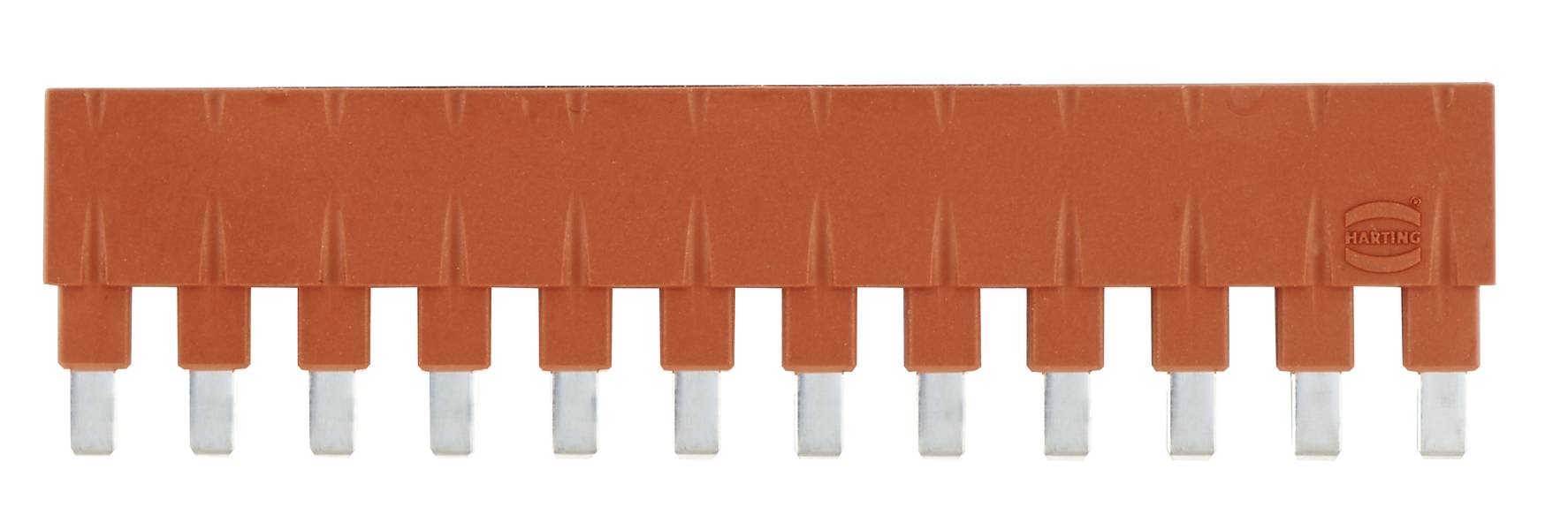 Ein roter Brückenkamm mit zehn Metallzähnen, verwendet für elektrische Anschlüsse in einem Schaltkreis.