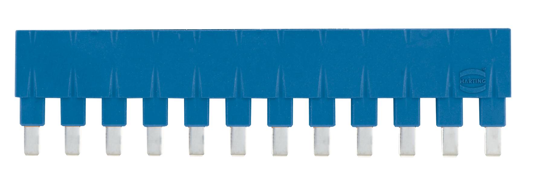 Ein blauer elektrischer Kammanschluss mit mehreren Zinken, häufig verwendet in Schaltschrankanwendungen zur Verteilung von Strom.