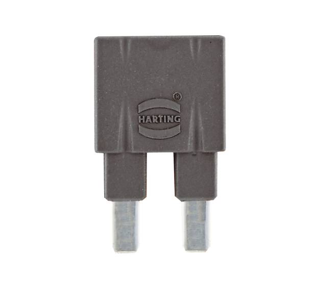 Ein grauer HARTING Sicherungsstecker mit zwei Metallkontakten, frontal abgebildet.