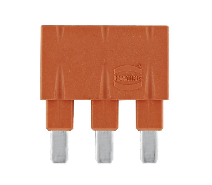 Ein brauner Steckbrückenverbinder mit drei metallischen Pins, die unten herausragen. Ideal für elektrische Schaltkreise.