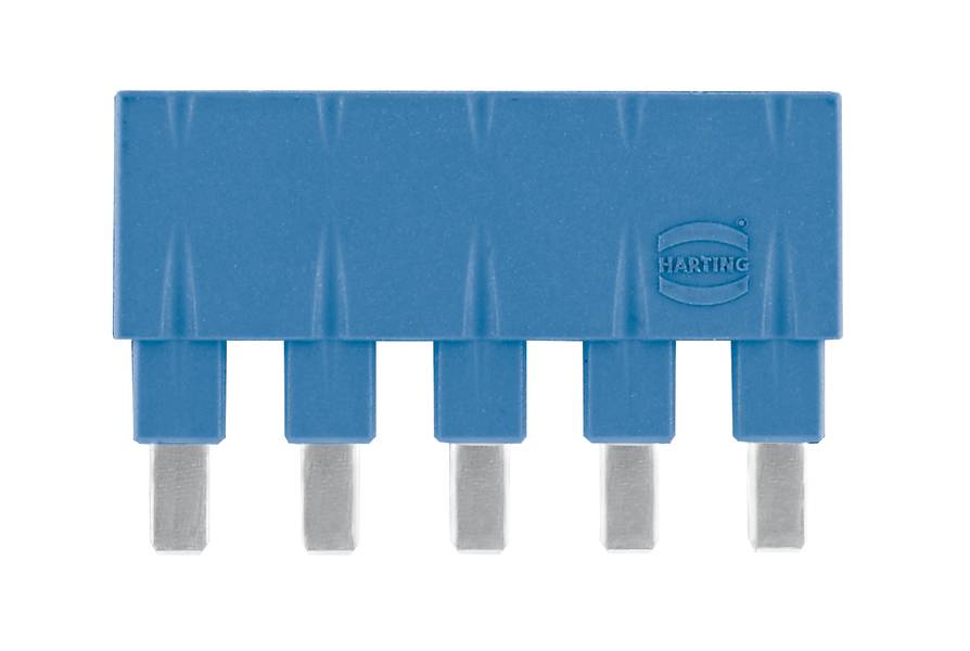 Ein blauer elektrischer Stecker mit fünf flachen Metallkontakten. Logo 'HARTING' auf der rechten Seite eingraviert.