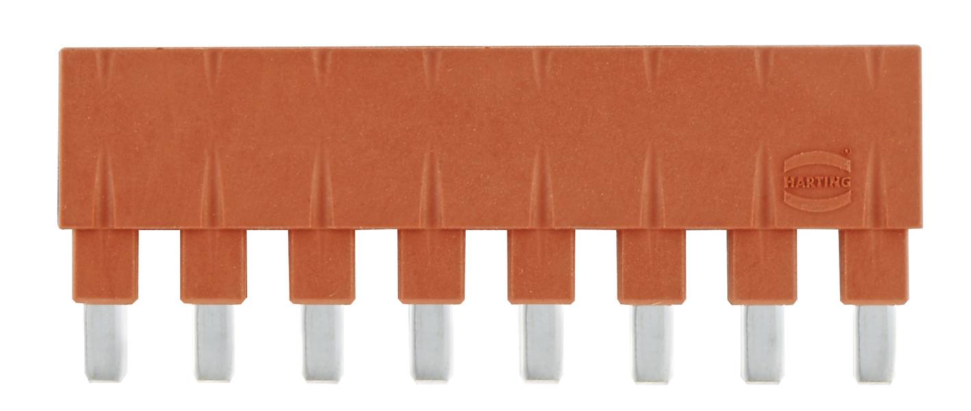 Brauner Kunststoffstecker mit acht Metallpins unten. Das Harting-Logo ist rechts oben eingeprägt.