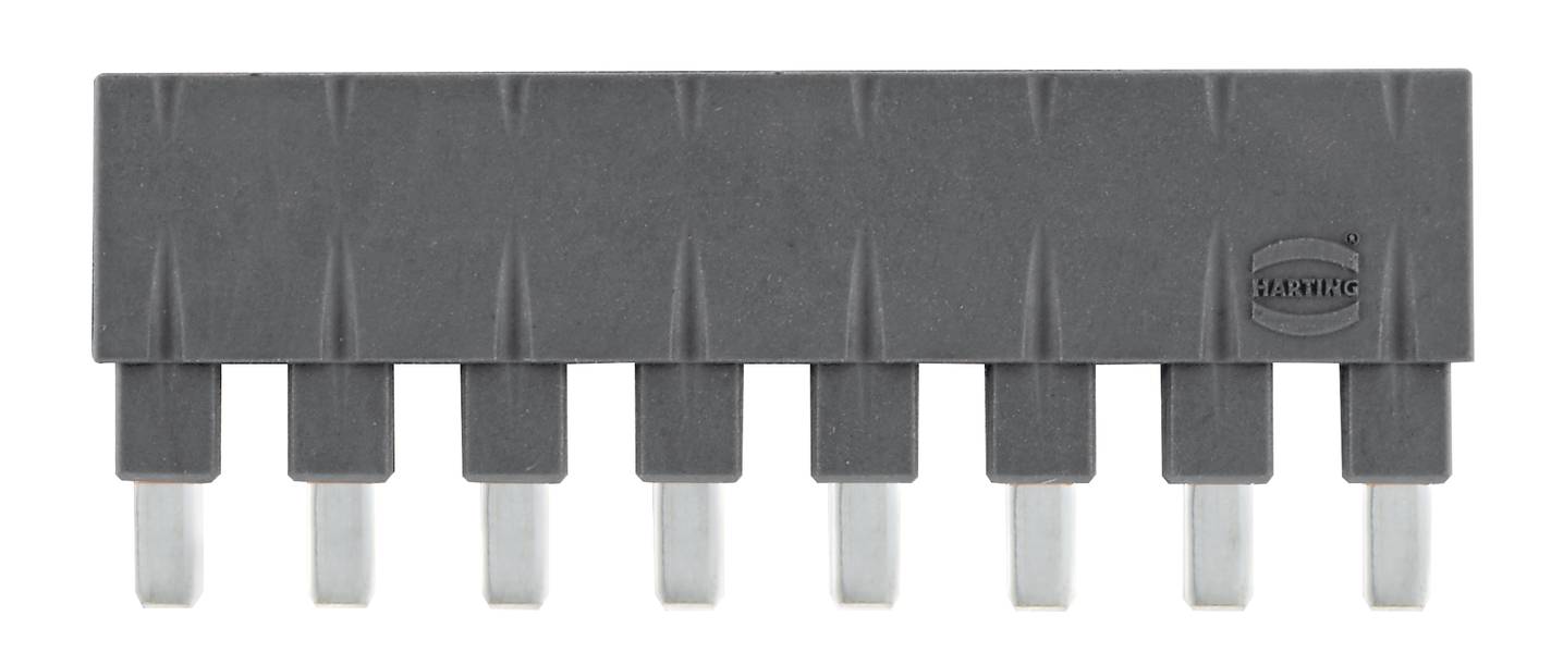 Elektrischer Steckverbinder mit neun Metallstiften und schwarzem Gehäuse. Logo auf der rechten Seite des Gehäuses.