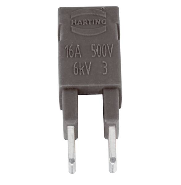 Ein grauer elektrischer Stecker von Harting mit der Aufschrift '16A 500V 6kV 3', geeignet für 16 Ampere und 500 Volt.