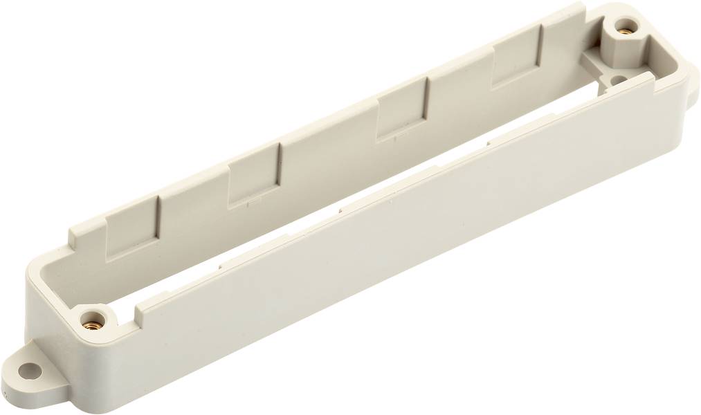 Plastikgehäuse für Elektronikbauteile, hellgrau, rechteckig, mit Befestigungslöchern an den Enden und Schaleneinsätzen zur Aufnahme.