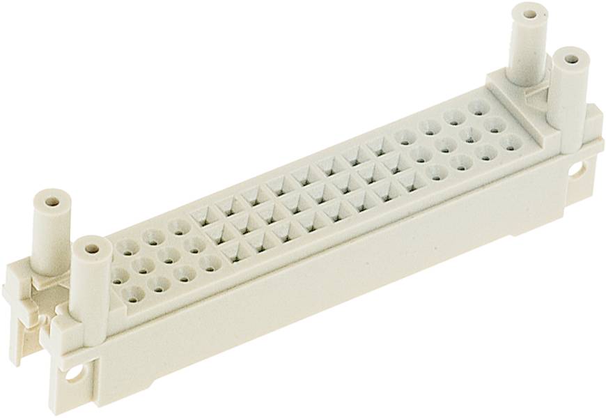 Ein rechteckiger Kunststoffstecker mit mehreren runden und viereckigen Löchern, eignet sich für elektrische Verbindungen.