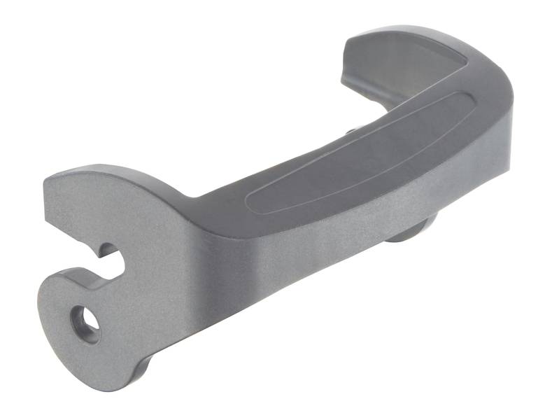 Graues Metallteil mit gebogenem Design und einer Öffnung an einem Ende, möglicherweise ein spezifisches Werkzeug oder technische Komponente.