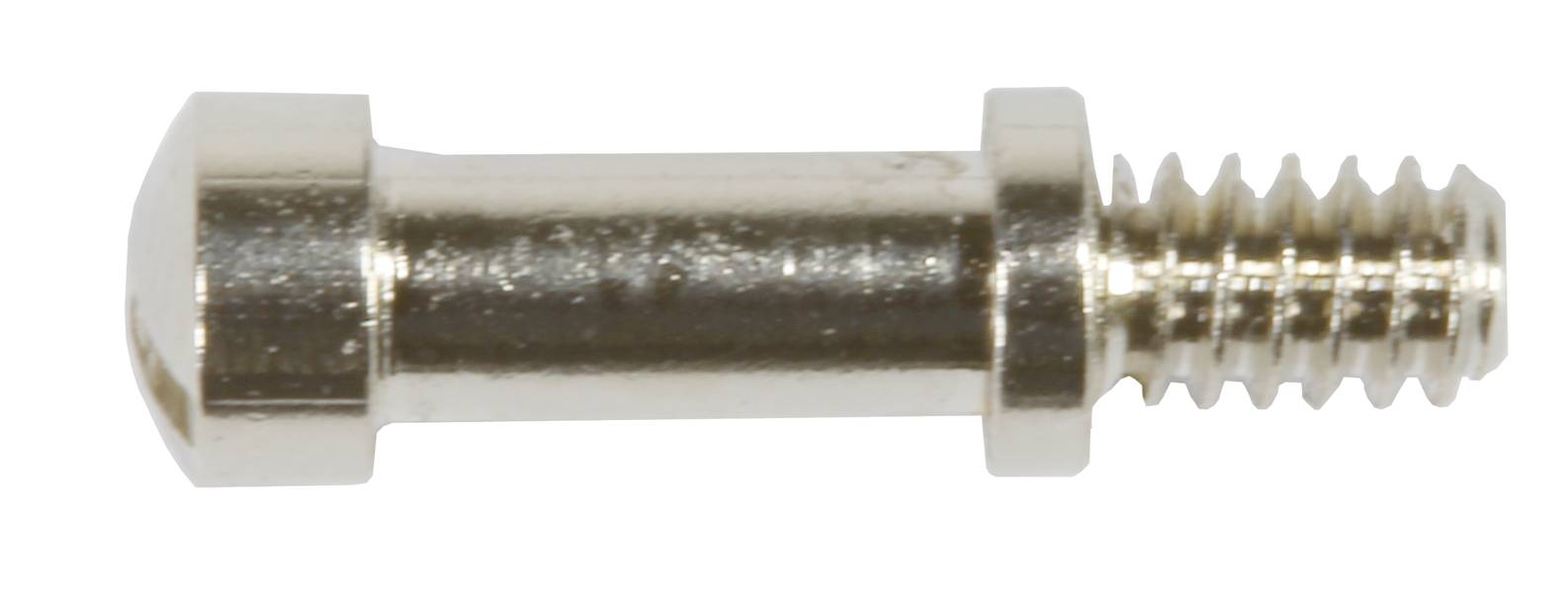 Metallschraube mit rundem Kopf und Gewinde an einem Ende. Sie liegt horizontal und hat eine glatte, glänzende Oberfläche.
