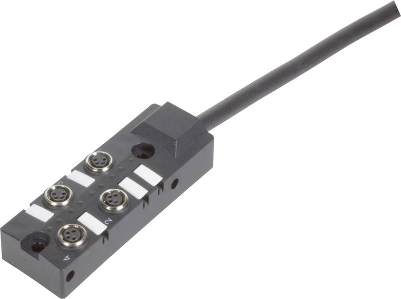 Ein schwarzer Vierfach-Hubstecker mit beschrifteten Anschlüssen und einem abgehenden Kabel; verwendet für elektrische Verbindungen.
