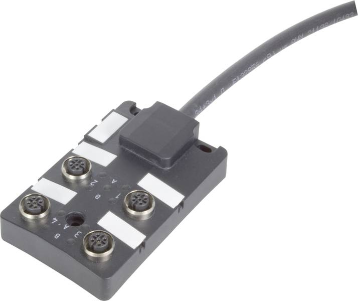 Ein rechteckiger elektrischer Steckverbinder mit vier Anschlussbuchsen und einem Kabel an der rechten Seite.