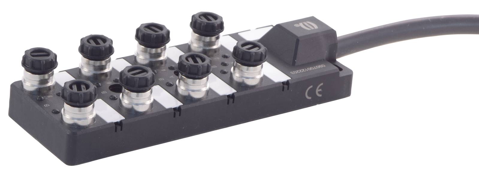 Ein schwarzer Verteilerblock mit acht Anschlüssen und einem Kabel. Er ist mit CE-Kennzeichnung versehen und für industrielle Anwendungen geeignet.